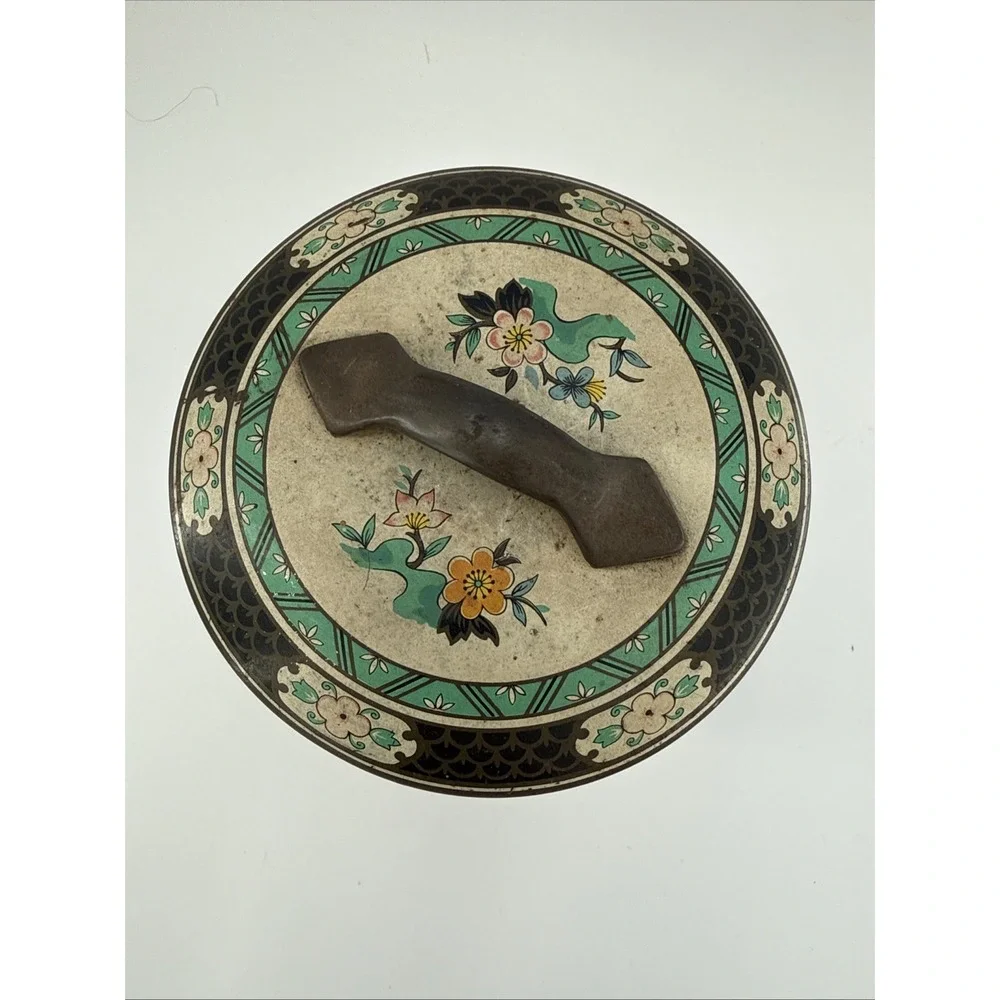 Vintage 1940s Chinoiserie Bird Floral Metal Tin Canister w/ Lid Handle